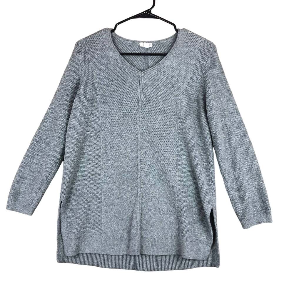 J Jill Womens Sweater Gray Petite V Neck Ribbed Long Sleeve Split Hem Stretch SP